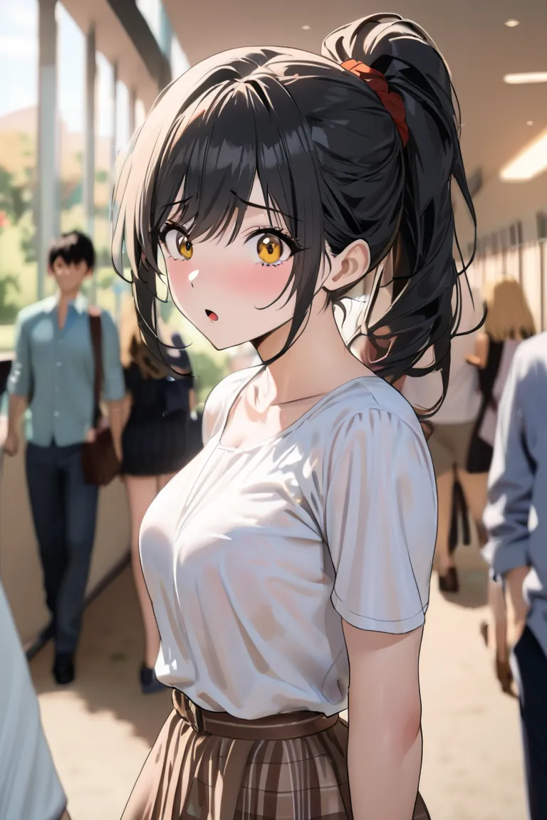 top quality, masterpiece, Hi-Res, 8k, (1 girl 1 boy  ), sexy, (bust shot), (casual outfit), Black hair ponytail, (((I look at the audience with a surprised and impatient expression))), female college student, Walking around campus, stand side by side with ...