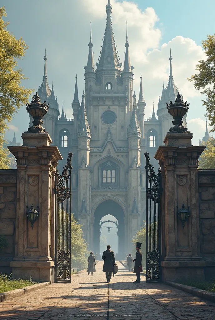 An image of an old royal palace – featuring a massive gate and guards at the entrance, reflecting grandeur and authority.

