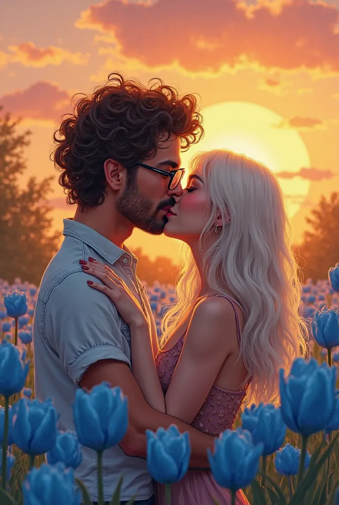 "Romantic illustration in a semi-realistic style of a couple in love. The Man, brown, He has curly hair like a screw noodle, moustache,  goatee and wear glasses . He hugs and kisses a white woman with straight hair and a fringe showing affection and love. ...