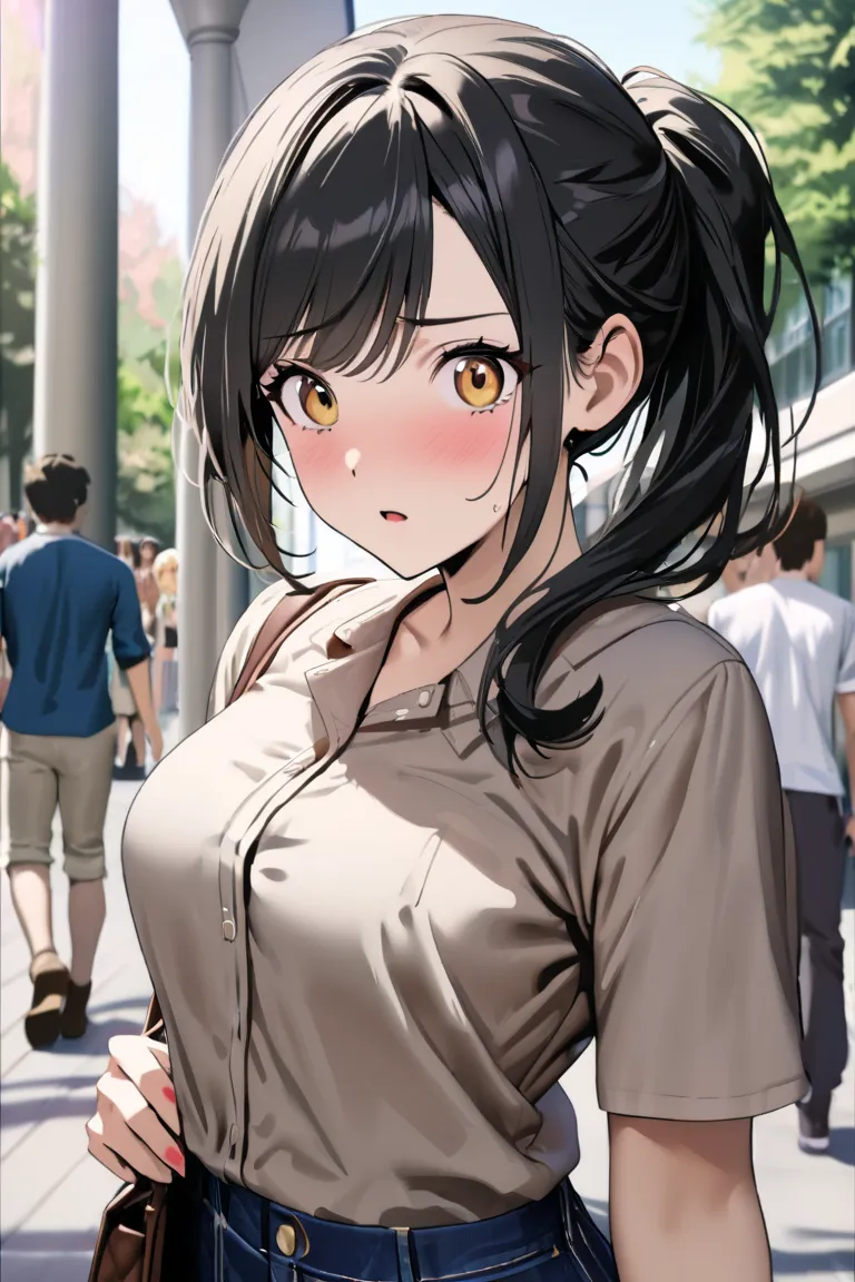 top quality, masterpiece, Hi-Res, 8k, (1 girl 1 boy  ), sexy, (bust shot), (casual outfit), Black hair ponytail, (((I look at the audience with a surprised and impatient expression))), female college student, Walking around campus, stand side by side with ...