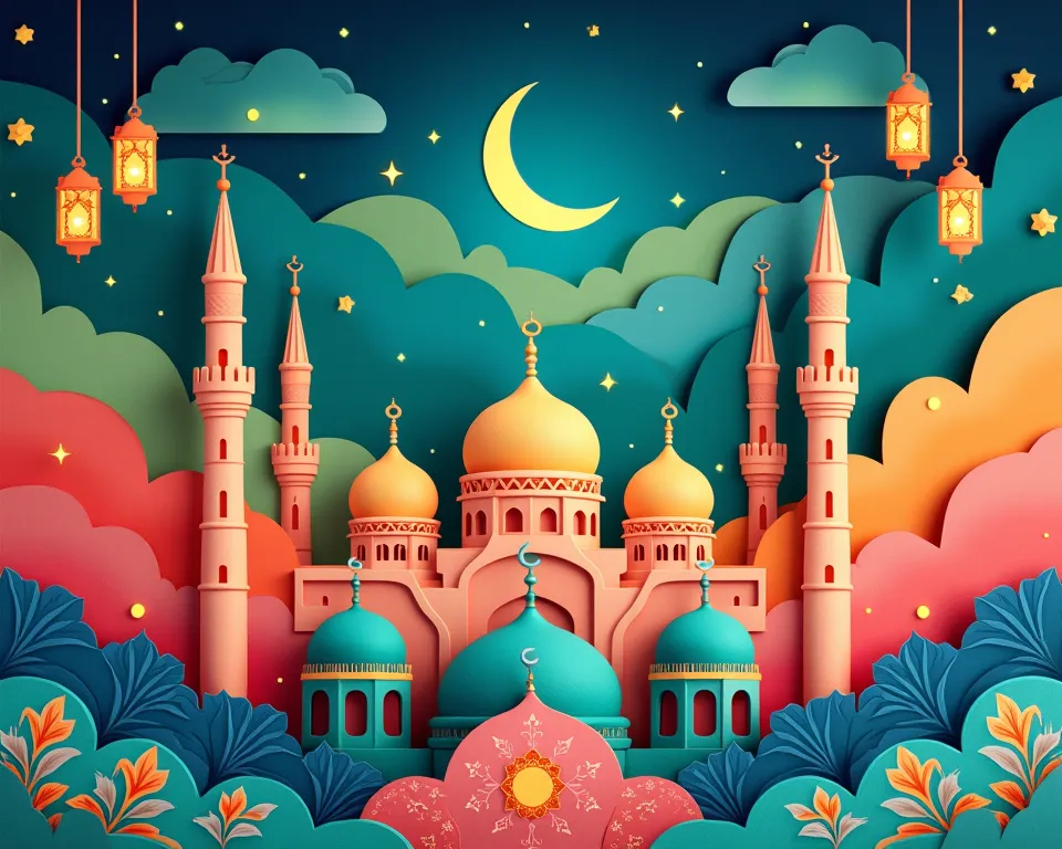 A vibrant and colorful paper-cut style illustration of an Islamic cityscape at night. The scene features grand mosques with domes and tall minarets, a large crescent moon, and glowing lanterns hanging in the sky. The background consists of layered clouds i...