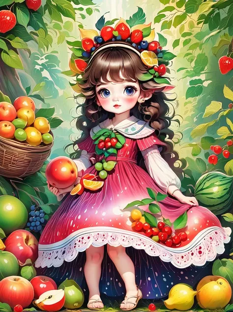 （Highest quality，masterpiece：1.2， Detailed Details ），（is sitting，沢山の果物を身につけた babyの女の子,big eyes，），（ in the woods、 baby妖精、）, Lots of fruit、wearing a fruit dress、Watercolor touch、繊細なWatercolor touch、 baby、 kind、illustrations、

