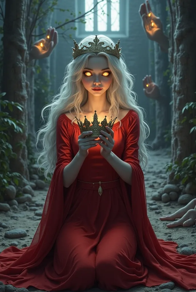 I want to create a two-D character who is a woman in a red dress who holds a crown in her hands, the woman will be white with white hair color and golden eyes and she will be kneeling holding the crown and in the background she will be in a castle the cast...