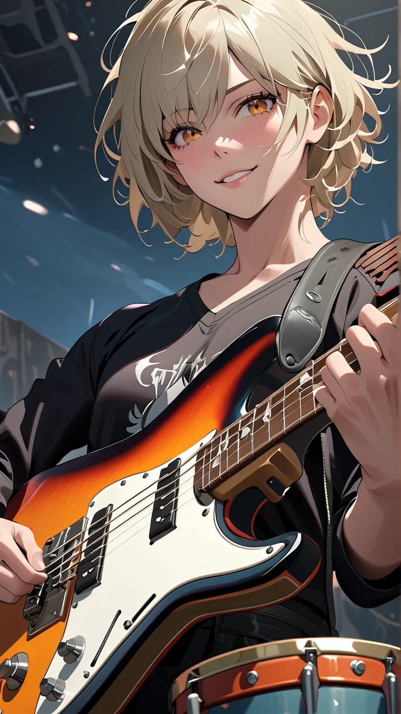 ((Masterpiece, best quality, highest quality, high resolution, photorealistic, raw photo, extremely detailed CG integrated 8k wallpaper)) Beautiful illustration
A young, fair-skinned male anime character is playing an electric guitar. In the background, a ...