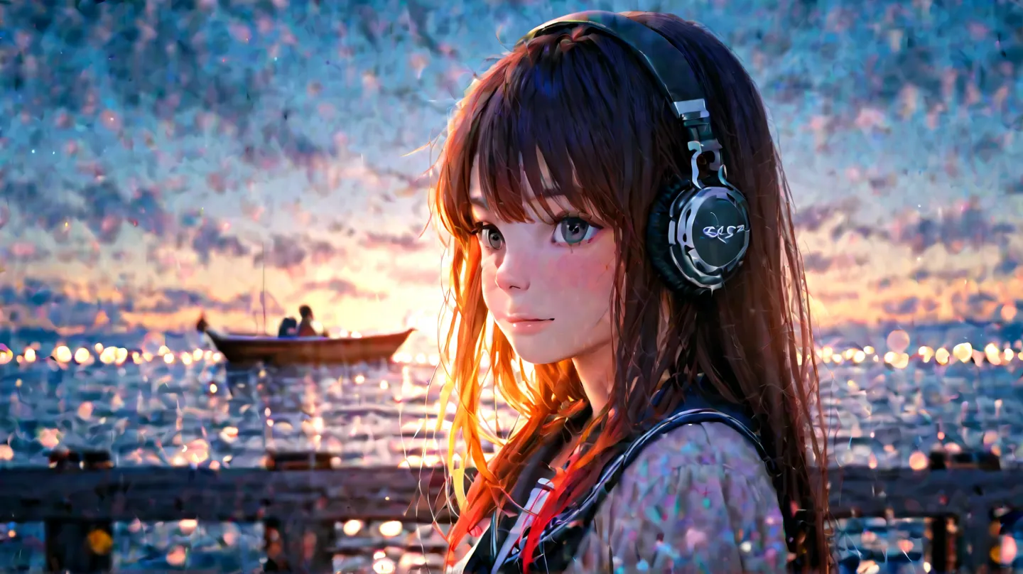  girls on the left、headphones、港 girls on the left、headphones着用、Port scenery、sea、Boat、Wave、 boat、cloud、high quality、realistic、4K、HDR、 colorful colors 、Peaceful Atmosphere、soft focus、Bokeh、digital art、illustrations、masterpiece