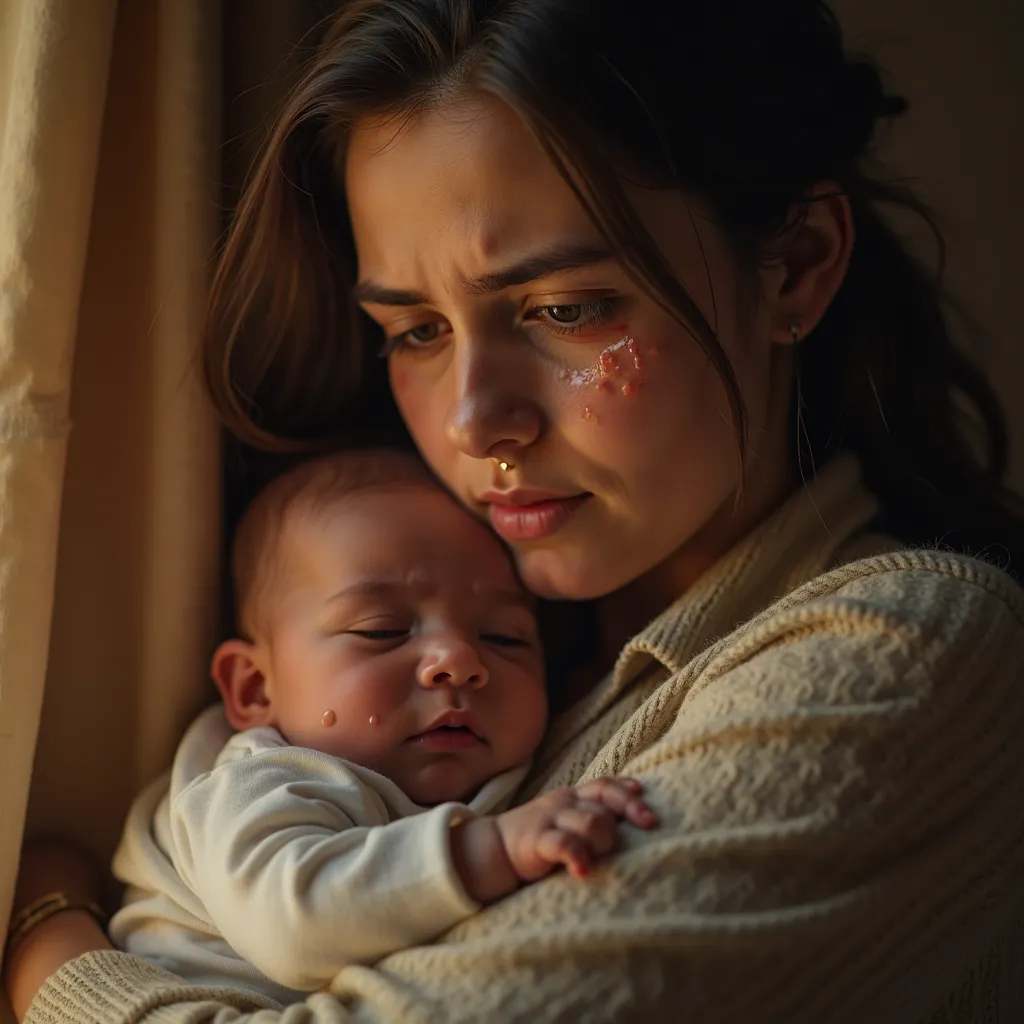 The image shows a young woman holding a baby in her arms. Her face is visibly moved, with reddish eyes filled with tears, and an expression of deep sadness. There are traces of dry tears on her face, suggesting that she cried a lot. the baby, curled agains...