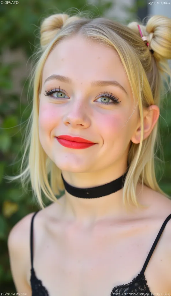 11yo Ukrainian influencer, cute, platinium blonde, high buns, full red lips, cute choker, eyeliner, skimpy spagetti top, looking up camera, upper abova young ukrainian influencer girl, cute, platinum blonde hair in high buns, full red lips, wearing a skimp...