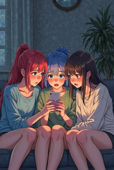 CREATE A  IMAGE WHERE 4 GIRLS ARE ON THE COUCH AND WORRIED ON AN 1 PHONE CALL MANWA STYLE