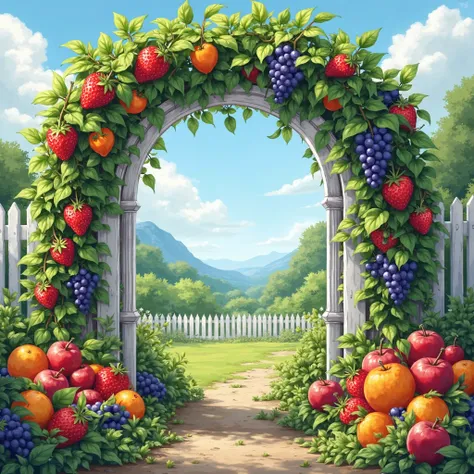 An illustration of a garden with strawberries, grapes, Oranges and Apples , a white wooden arch with strawberries, grapes, Oranges and Apples ,  blue sky, white fence 