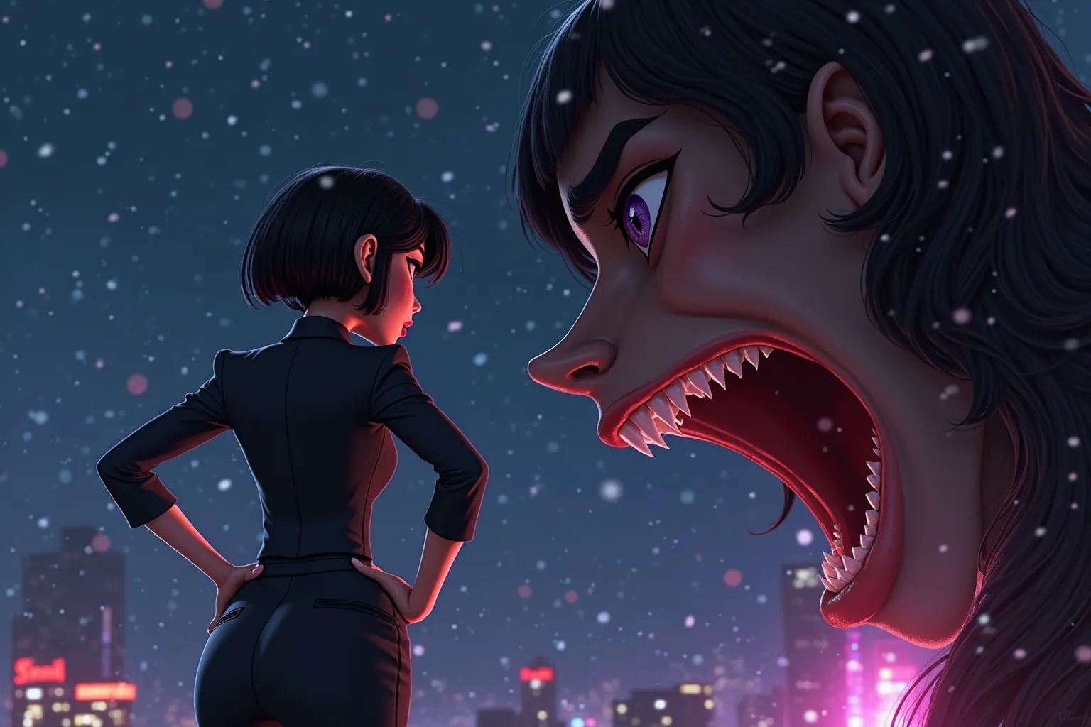 A pixar top down style shot of a woman with her hands on her hips standing on a roof edge on the left, dressed in a sexy blazer, pencil skirt, straight bob cut with blunt bangs, large breasts, round butt, and curvy figure. Behind her is the massive face of...