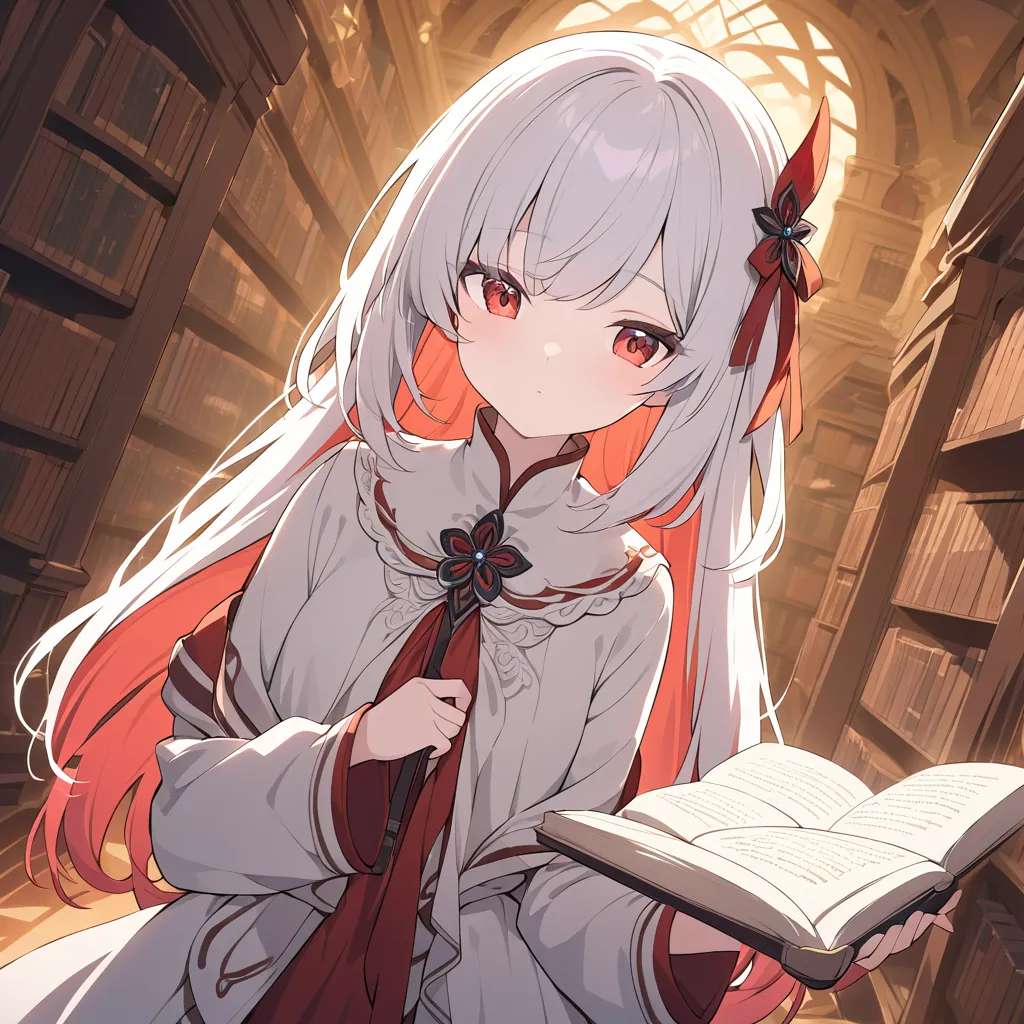 high resolution
best quality
solos
Vermilion hair
Holding a book
library
intellect