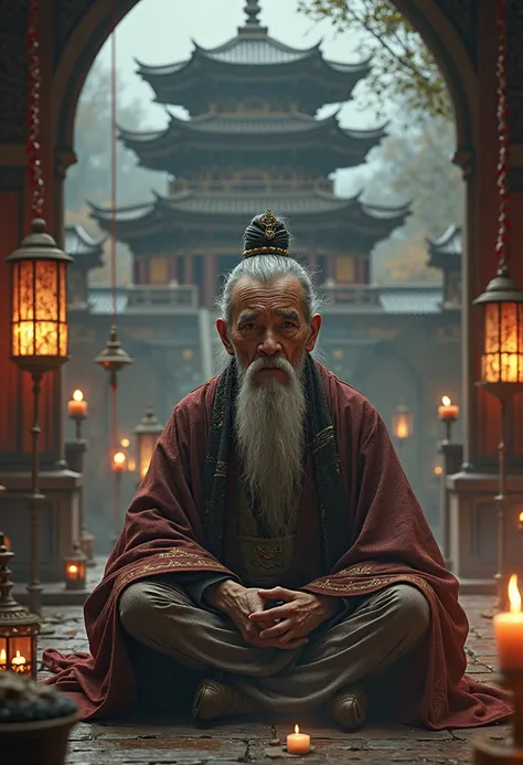 Asian old man posing as fortune teller, about 60 years old, behind it is an ancient pagoda with lights, bright candle, devoid of faces and figures looking straight