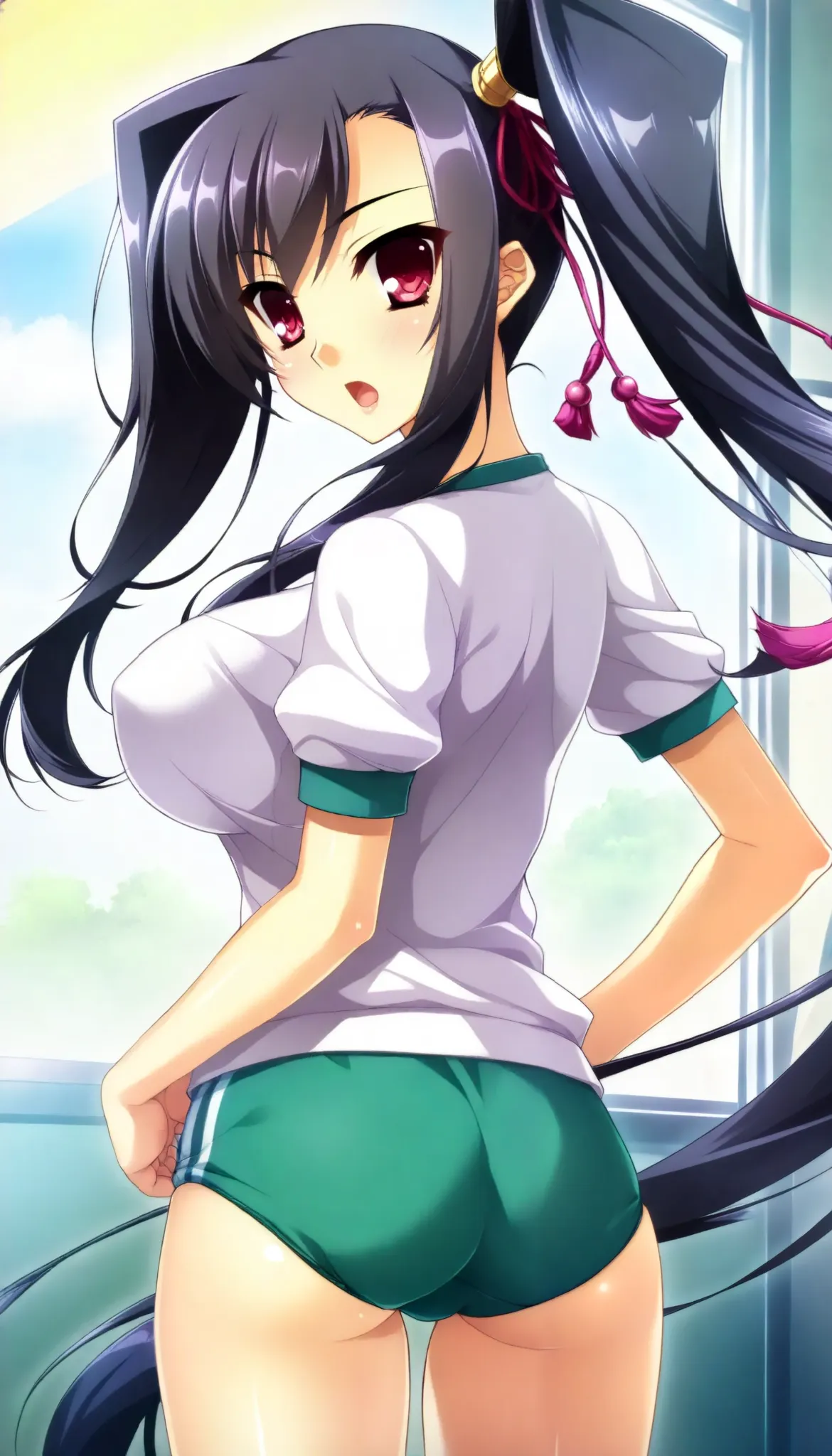 1 beautiful woman, The night when the kan'u  \( Koihime musou\), anime style:1.6, (beautiful skin:1.1,  almond-colored eyes ,  black hair, side ponytail),  beautiful lips, very detailed目と顔, long lashes, beautiful big breasts, (School gym clothes, GREEN BUR...