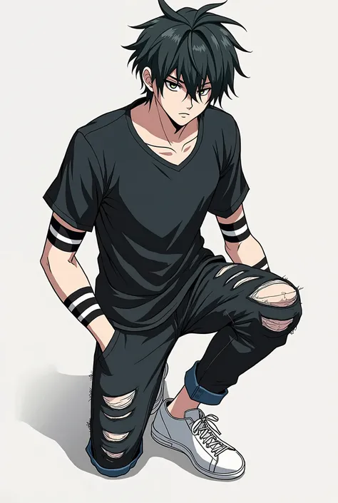 Anime with black hair and a serious face, black shirt with black stripes on the wrists,  pants, torn on one side and torn on the other, with white stripes and white tennis shoes with pale white skin, male 