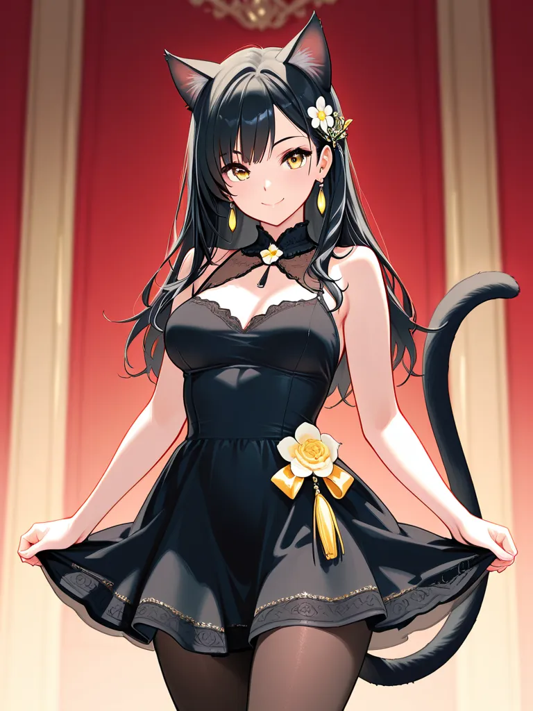 8k,masterpiece, best quality, ultra detailed, high resolution, super fine illustration, 1girl, solo, smile,yellow eyes, black hair, long hair,cat ears, cat tail, medium breasts, dress, miniskirt, pantyhose, hair ornament, flower ornament, earrings,looking ...