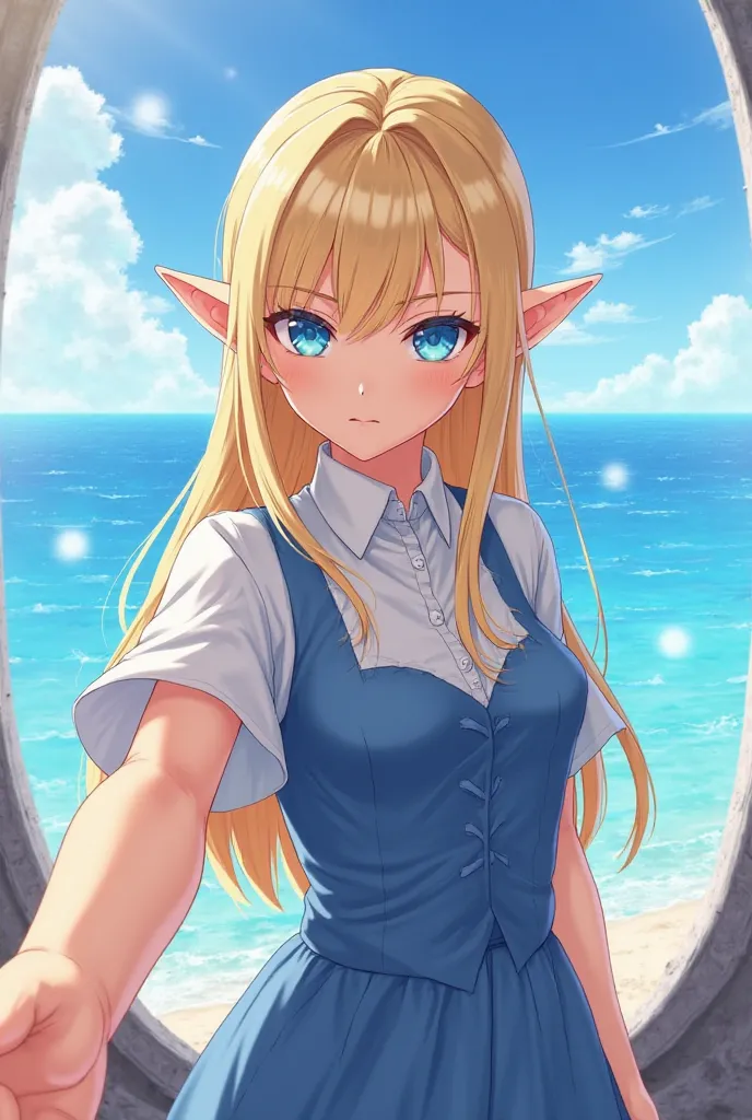  an anime-style illustration of a female adult elf with long blonde hair and striking blue eyes. She has pointed ears and is wearing a formal blue and white dress. Her expression is serious yet captivating as she extends her arms towards the viewer, as if ...