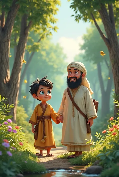 A Pixar-style cartoon boy with blue eyes, wearing traditional Islamic clothes, walks beside his kind-looking teacher, who is also dressed in Islamic attire. They are strolling through a lush green garden filled with tall trees, colorful flowers, and chirpi...