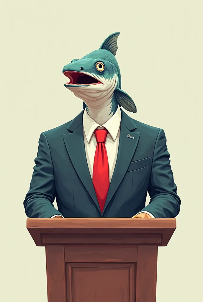 A salmon in a suit and tie standing behind a podium giving a speech; cartoon style