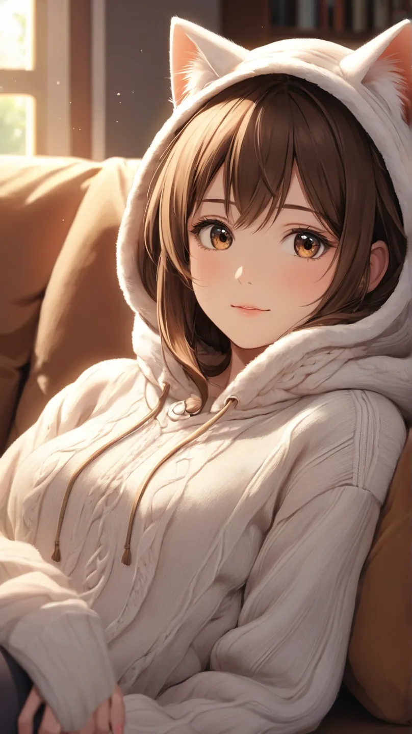  anime girl t-shirt, Brown-colored hair, brown eyes, He's wearing a long hooded sweater adorned with cat ears, She's lying on the couch