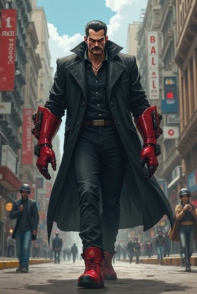 Create image of super villain man anime political governor walking in Buenos Aires wearing red boots and gloves black clothes black mustache of villain with robot arms 