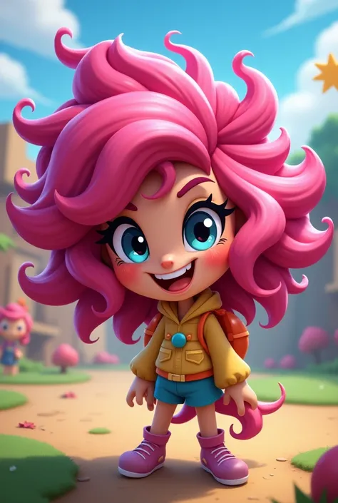 A female character from the game Brawl Stars with pink and curly hair that looks like Pinkie Pie,.But your hair has a life of its own 