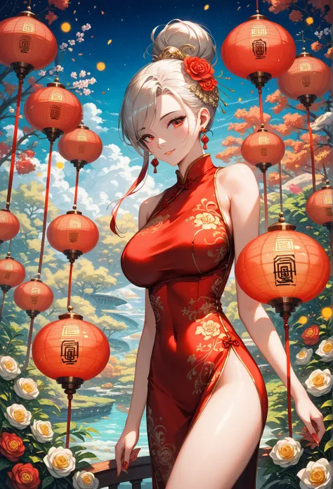       wearing red cheongsam (Long silk cheongsam with multicolored and gold-silver embroidered flowers )Oriental beautiful girl,Have perfect anatomy,beautiful and elegant masterpiece of art, background is(minimalist abstract flat)abstract fuzzy giant leaf ...