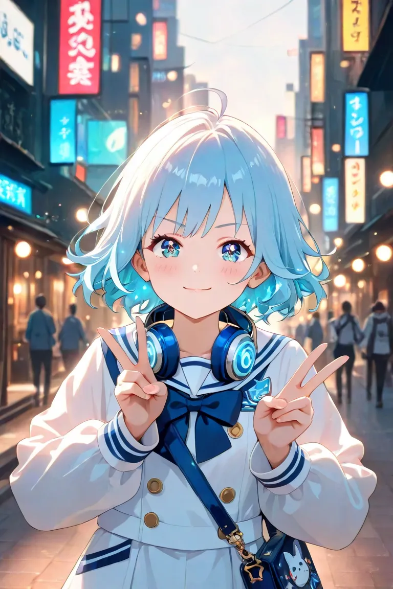 An anime-style girl with long, wavy light blue hair and sparkling blue eyes, wearing oversized star-shaped sunglasses with a gradient blue reflection. She has a cheerful expression, winking and making a peace sign with both hands. Her outfit includes a blu...