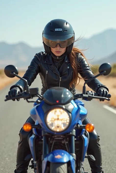 Please give me a picture., consists of a girl driving a blue moto in black on a deserted stretch of road, girl in black leather clothes, wearing a helmet that reveals a beautiful face, the car comes straight ahead, 