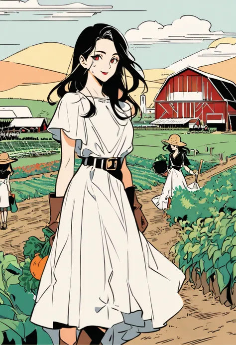 (((Line art style, fashion illustration, stylish art, farm work landscape,))), sun, smiling woman holding vegetables, sweat, sun, hoe, farm work, vegetable garden, Ichiro Tsuruta, Patrick Herr Nagel, one young man, viewer view, black hair, long hair, red e...