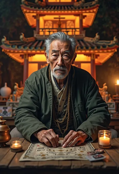 Asian old man posing as fortune teller, about 60 years old, behind it is an ancient pagoda with lights, bright candle, Photos near the character's face and the character is looking straight, clear lines on the face