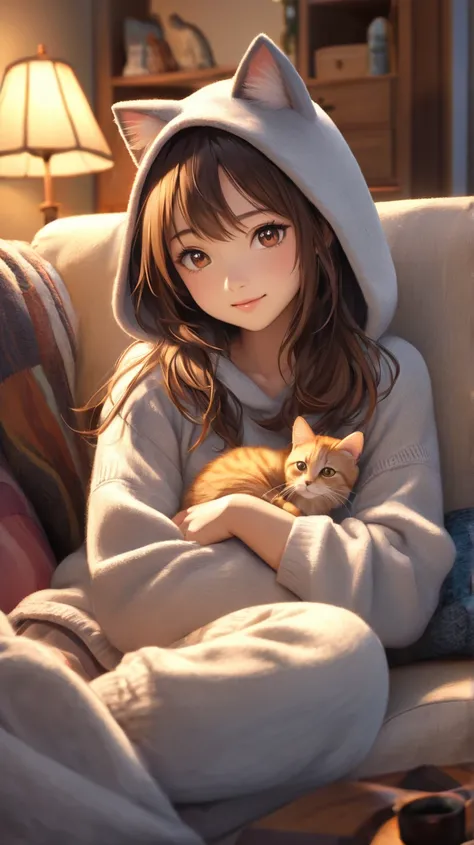  anime girl t-shirt, Brown-colored hair, brown eyes, He is wearing a long black hooded sweater decorated with cat ears, She's lying on the couch