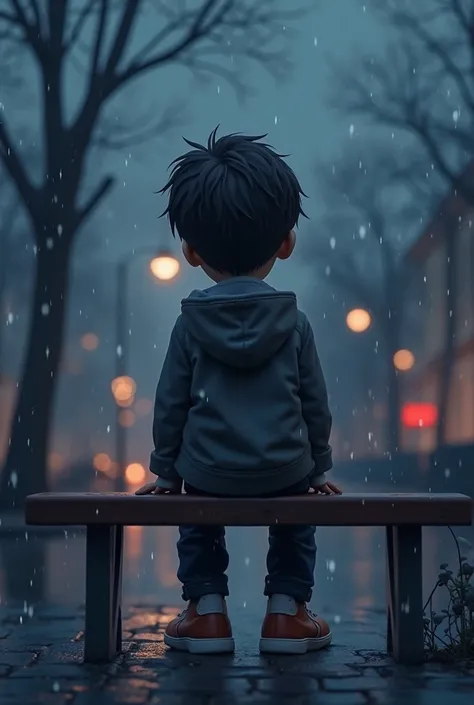 "A sad boy sitting on a bench, looking forward with a melancholic expression. The image should be from his back, with his posture reflecting loneliness and nostalgia. The background should be dark and melancholic, with soft shades of blue and purple, as if...