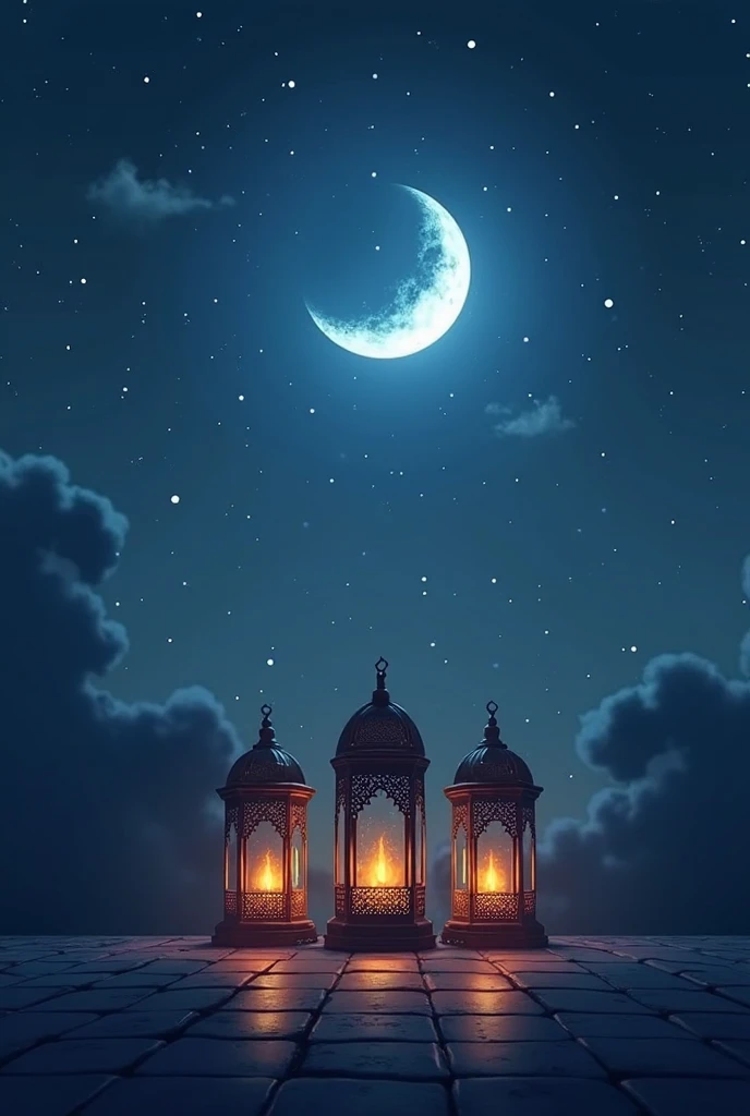 ramadan kareem greeting with crescent and lanterns on blue background, concept art by Mustafa Rakim, trending on pixabay, hurufiyya, beautiful moonlight night, ☁🌪🌙👩🏾, night with moon and candle, moon light in the top background, 256x256, 2 5 6 x 2 5 6, rea...