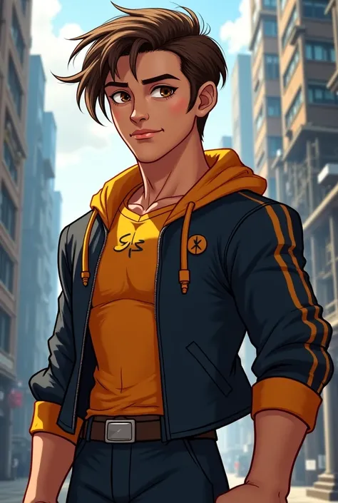  Create a male character, Just like the X-Men Evolution cartoon,  with brown hair and eyes , Half-length hairstyle 