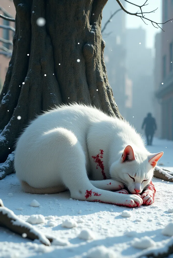 A massive white cat with blood and wounds all over her body sleeping eyes closed under a tree on a snow streets 