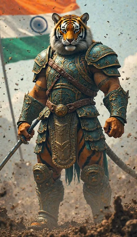 Imagine a large muscular Indian Bengal Tiger warrior dressed as a human like medieval with metal armor with green yellow blue colors wielding a katana, war background and indian flag