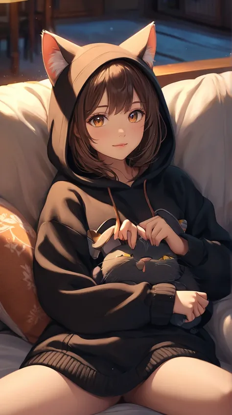  anime girl t-shirt, Brown-colored hair, brown eyes, He is wearing a long black hooded sweater decorated with cat ears, She's lying on the couch with her feet up