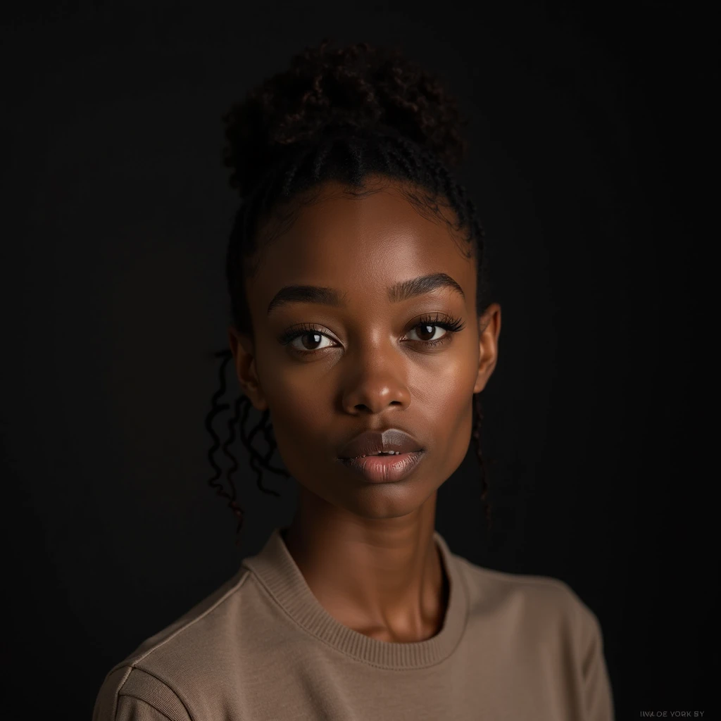 Ultra-realistic portrait of a black person with light caramel skin,  with an intense and deep look . She is dressed in minimalist neutral clothing. The studio background is dark,  creating a dramatic contrast . Professional lighting with crisp details and ...