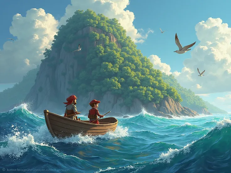 The Journey Begins
The map leads them to a hidden island, where the legendary Golden Acorn is said to be buried. Excited by the prospect of finding the treasure, Max and Sam set sail on a small boat