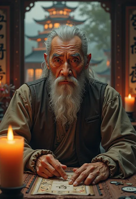 Asian old man posing as fortune teller, about 60 years old, behind it is an ancient pagoda with lights, bright candle, Photos near the character's face and the character is looking straight, clear lines on the face