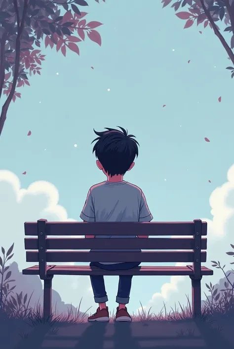  "A sad boy sitting on a bench, looking down with a melancholic expression, as if he were recalling happy moments from the past. The image should be from his back, with his posture reflecting loneliness and nostalgia. The background should be soft and mela...