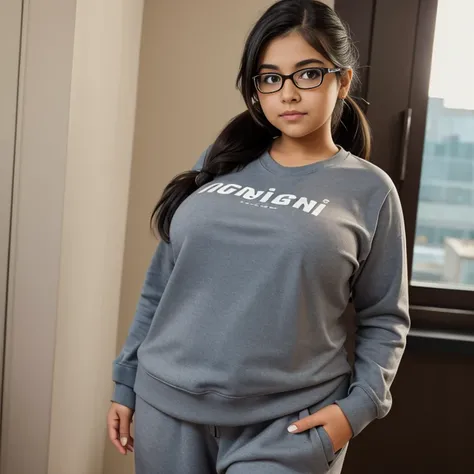 timid short cute chubby raven nyuugao Mexican geeky girl, long slightly wavy ponytail hair, cute detailed brown eyes, cutely detailed lips, cute highly detailed eyes and face, voluptuous breasts, thin thighs, big hips, long sleeve crewneck shirt tucked in ...