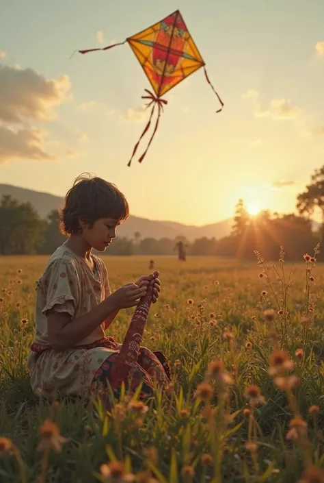 I want to make a short video on how to make a kite flute and fly a kite, landscape plants in the field, there is a dreamy sunset