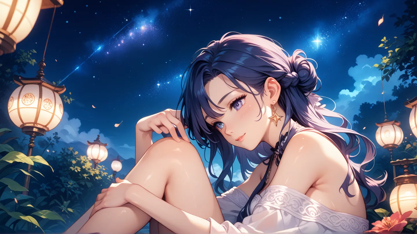 A beautiful young Japanese woman with a serene expression, eyes gently closed, relaxing peacefully under a vast night sky. The background is a deep, starry night sky, calm and tranquil. Her youthful beauty is softly illuminated by moonlight, her face showi...