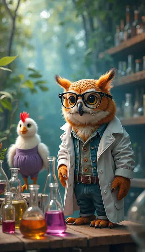 Creating color images A state-of-the-art laboratory hidden in the middle of a dense forest, with glass tubes filled with colorful liquids. A spectacled owl wearing typical professor attire stood in front of the experiment table. In the background there is ...