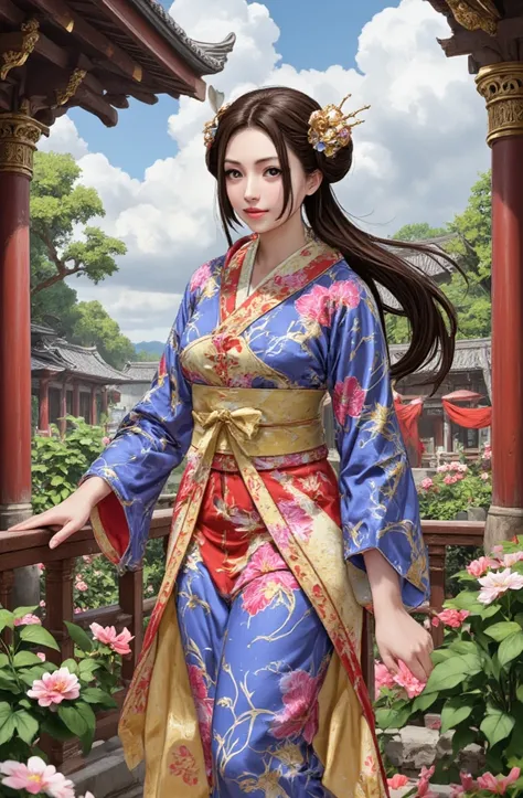 ultra HD restoration, Miyazaki manga style, detailed portrait, expressive facial features, serene expression, long flowing hair, delicate skin, elaborate kimono, intricate floral patterns, lush natural environment, ornate architecture, soft lighting, vibra...