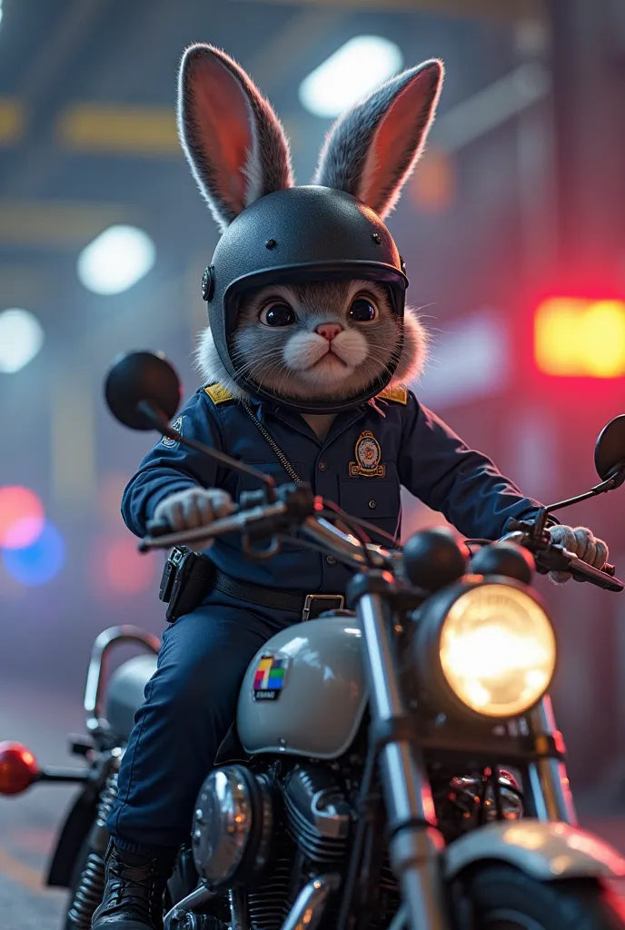 Grey-headed police bunny wearing helmet climbs on police motorbike,  warm-up machine , red blue flashing lights. Panoramic Cinematic Angle, View from afar