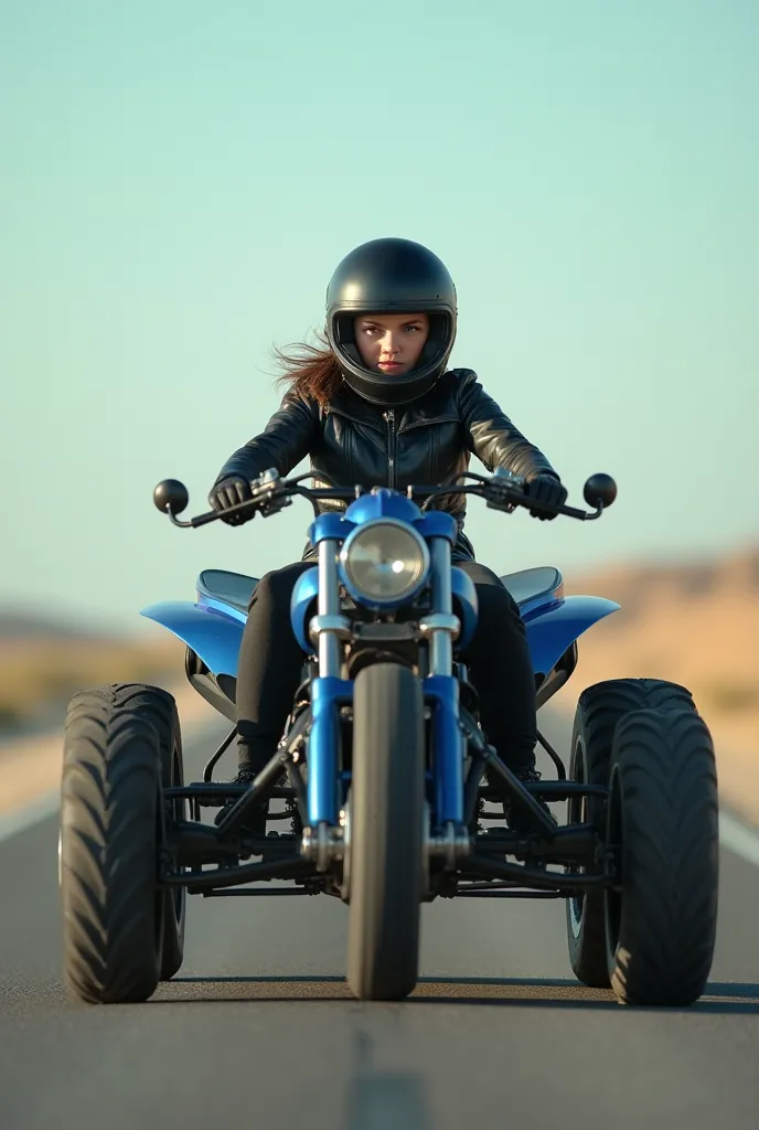 Please give me a picture., consists of a girl driving a large black and blue block car on a deserted stretch of road, girl in black leather clothes, wearing a helmet that reveals a beautiful face, the car comes straight ahead