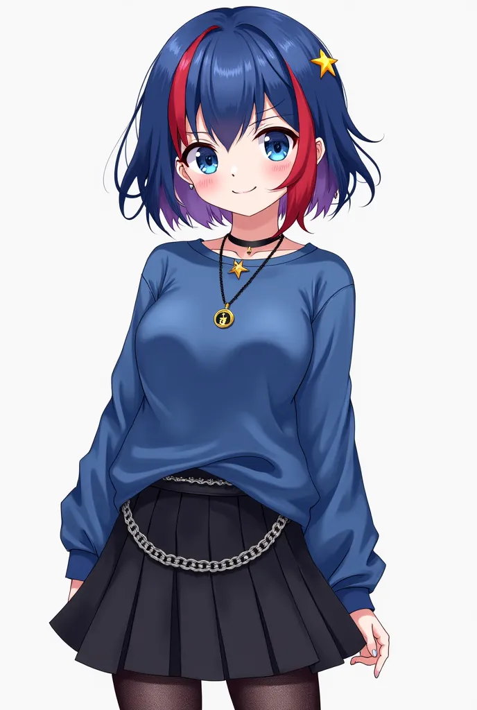  Create an anime-style character, nails with short wavy hair peaked in the color Serenity blue and a red lock, big eyes one blue and the other red, she wears a pleated black skirt with a chain belt, black fishnet stockings, She is a blue sweatshirt,  wears...