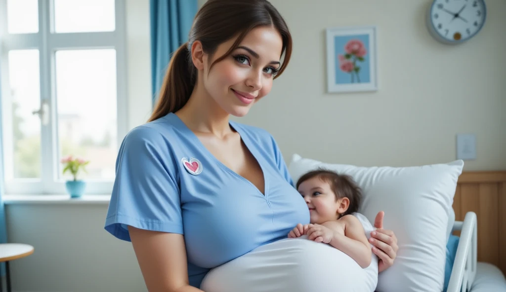 In a warmly lit maternity ward decorated in soft pastel blue and white, a nurturing nurse in her 40s gently assists a new mother. Her tailored blue uniform is accentuated by delicate embroidered floral medical logos and a subtle heart emblem on the chest, ...